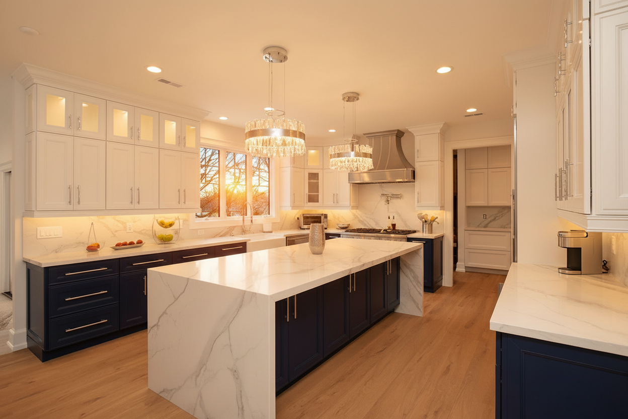 Captivating Cabinets &mdash; navy shaker kitchen with marble waterfall island, golden-hour interior lit warmly through windows